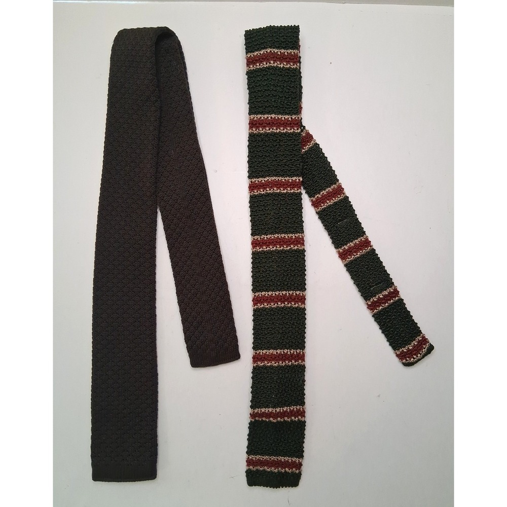 2 Classic Poly Knit Ties Men's Slim Fit Neckties Dk Brown & Hunter Green Striped
